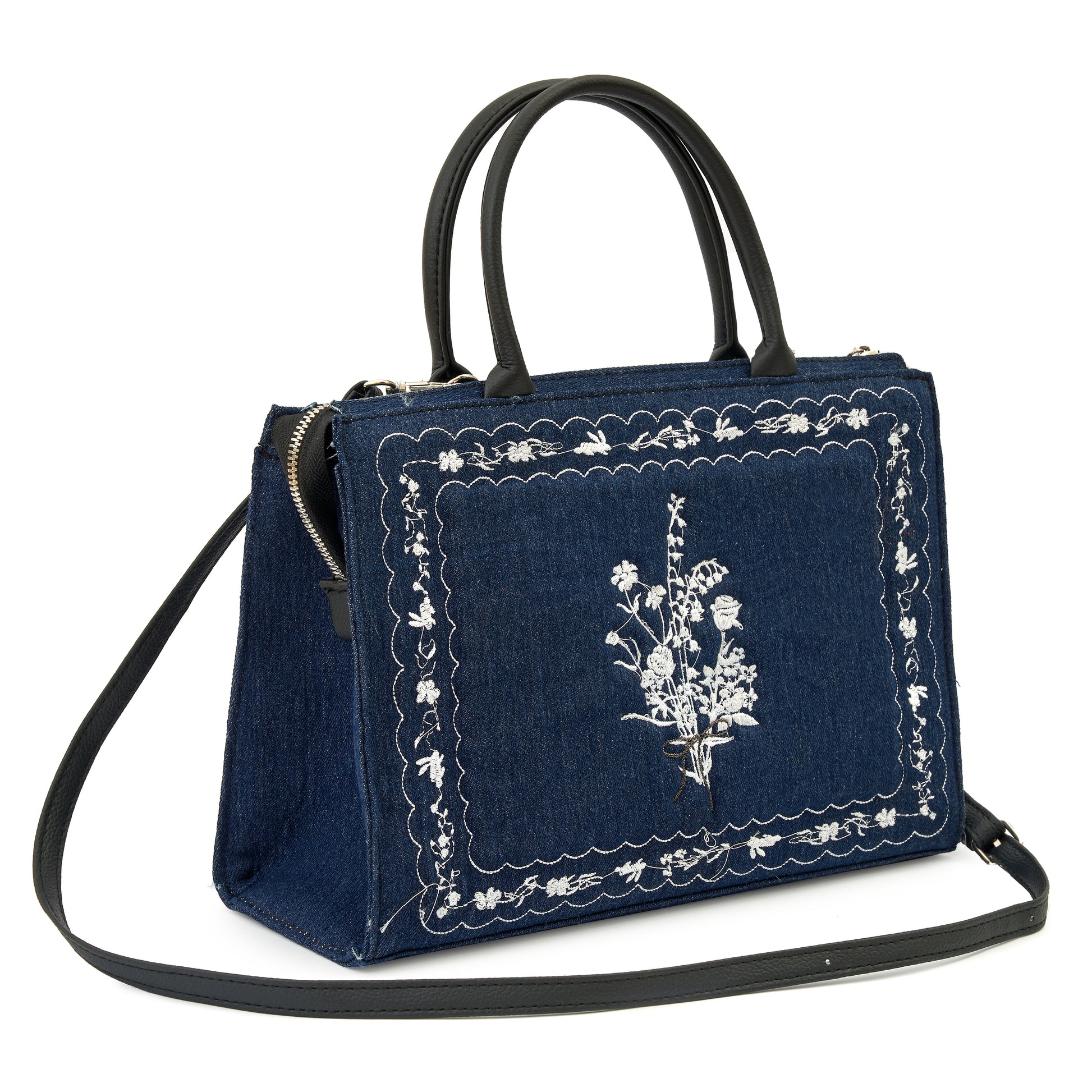 Flowers Bed Medium Artbook denim vegan leather embroidered designed hand bag made in vietnam