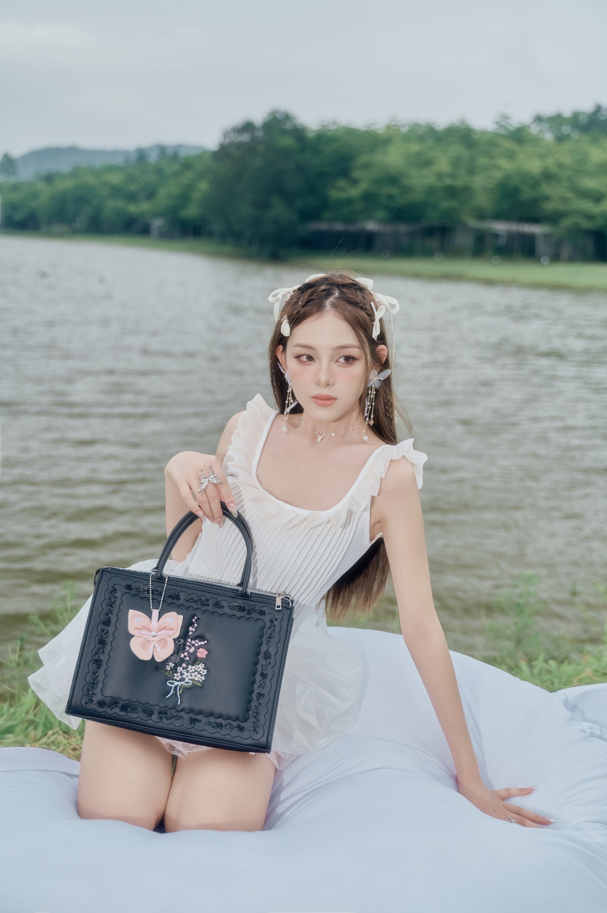 Flowers Bed Medium Artbook vegan leather embroidered designed hand bag made in vietnam