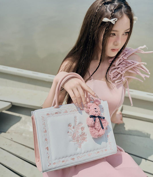Flowers Bed Medium Artbook vegan leather embroidered designed hand bag made in vietnam